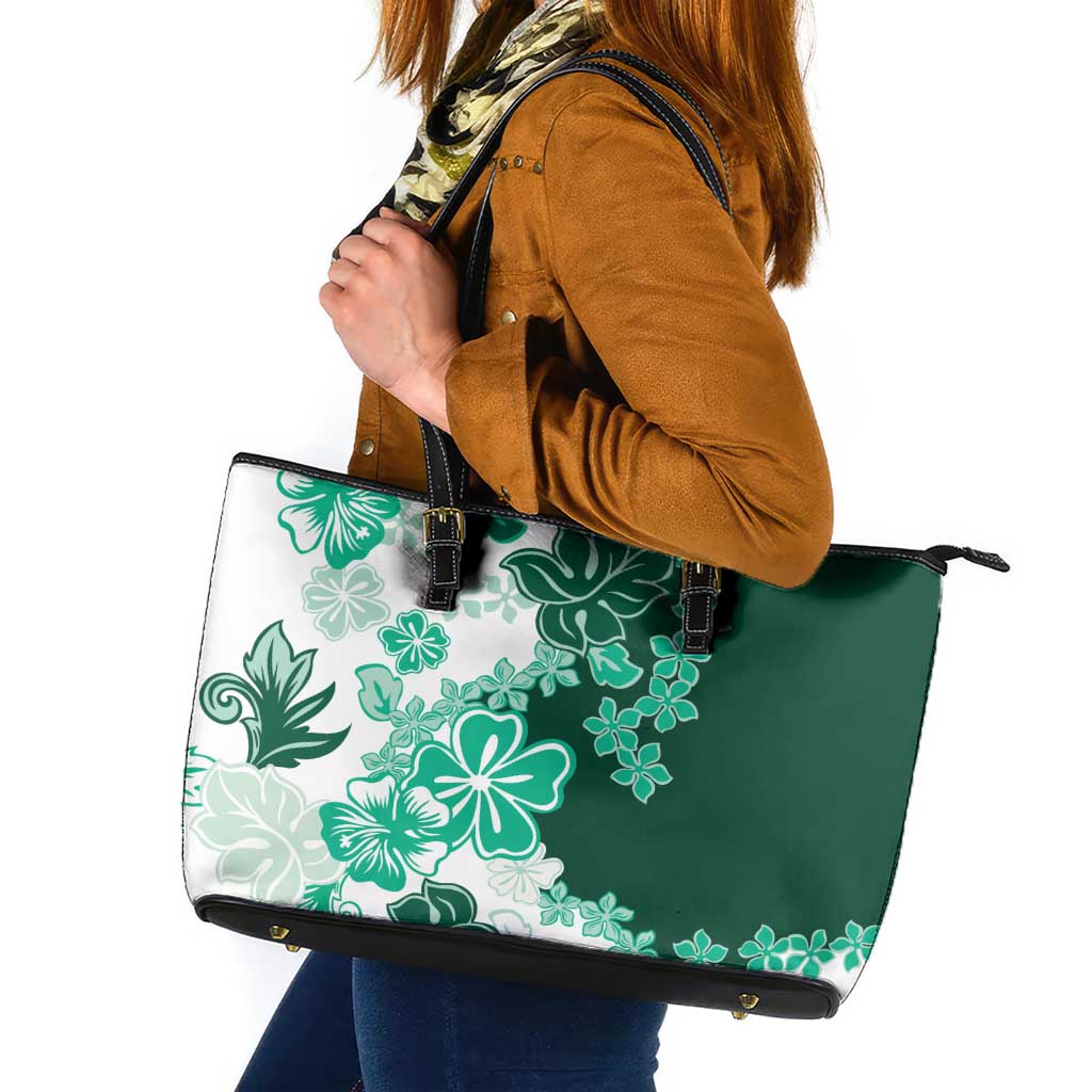 Green Hibiscus Plumeria Floral Leather Tote Bag LT01 Green - Polynesian Pride