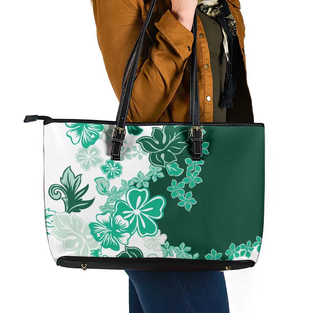 Green Hibiscus Plumeria Floral Leather Tote Bag LT01 - Polynesian Pride