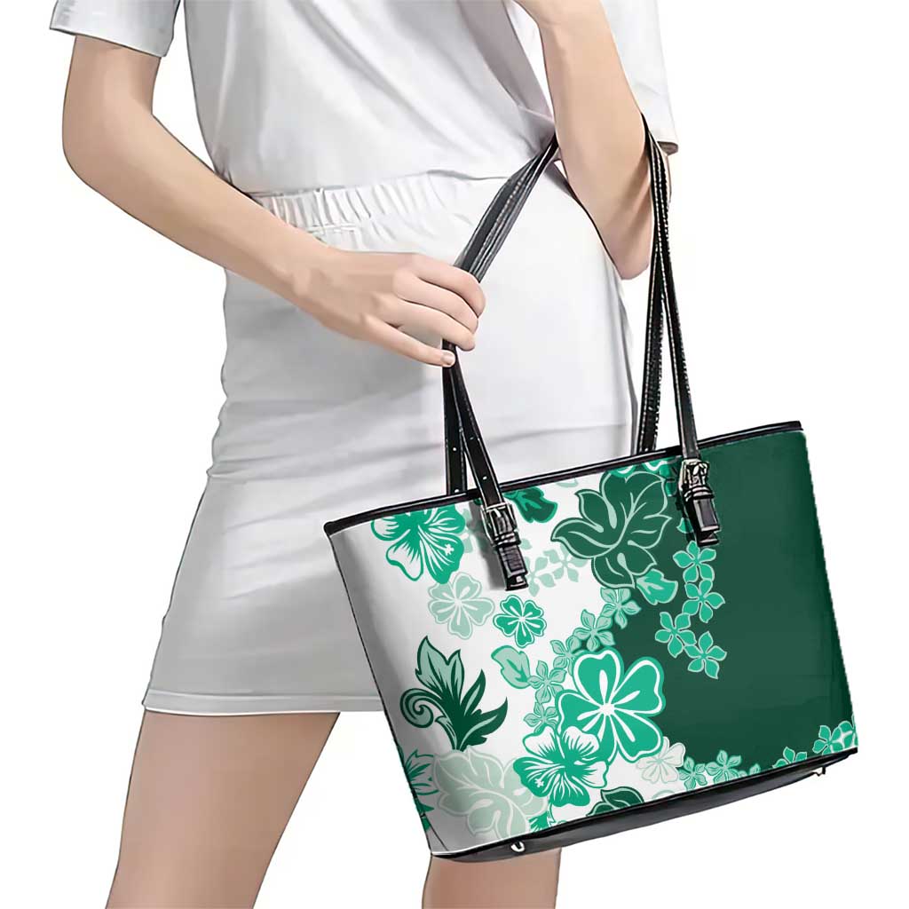 Green Hibiscus Plumeria Floral Leather Tote Bag LT01 - Polynesian Pride