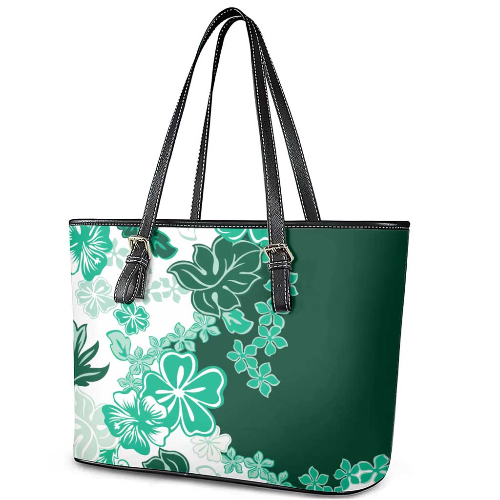 Green Hibiscus Plumeria Floral Leather Tote Bag LT01 - Polynesian Pride
