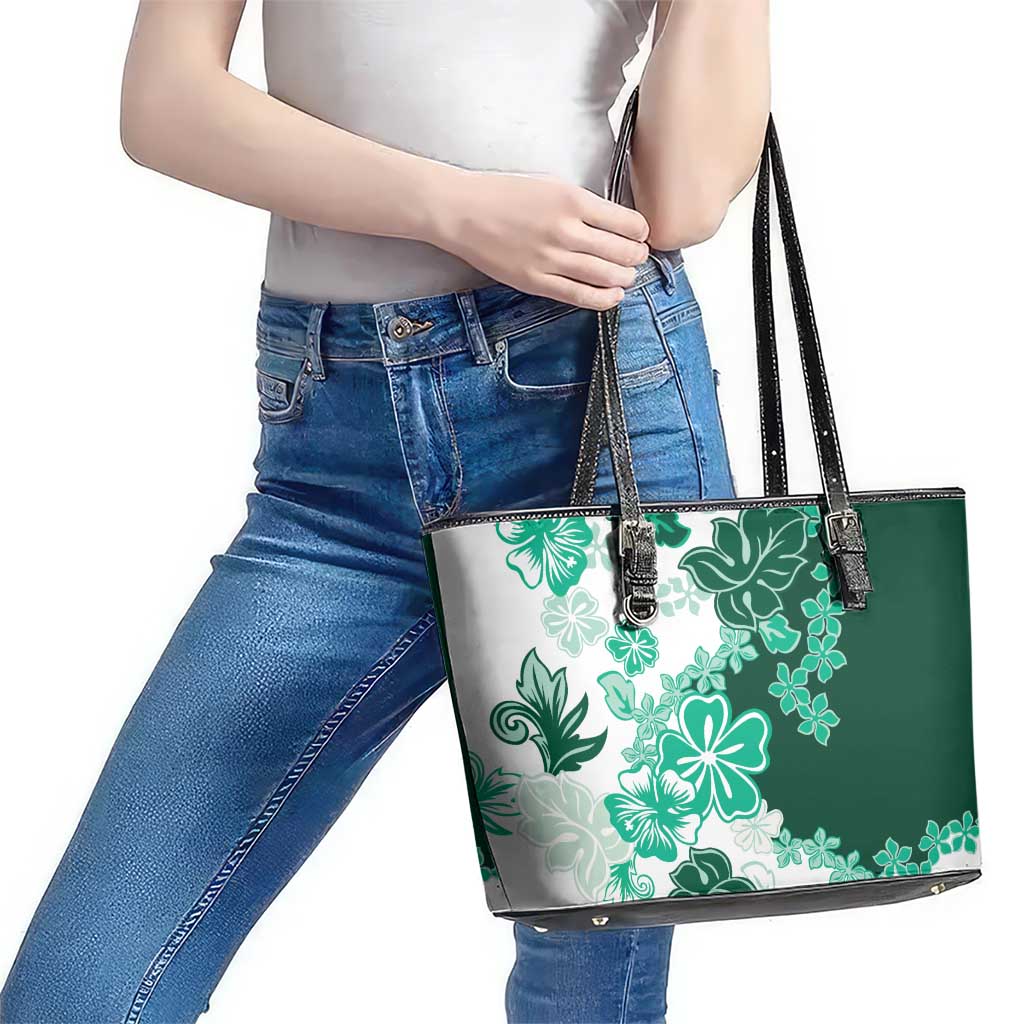 Green Hibiscus Plumeria Floral Leather Tote Bag LT01 - Polynesian Pride