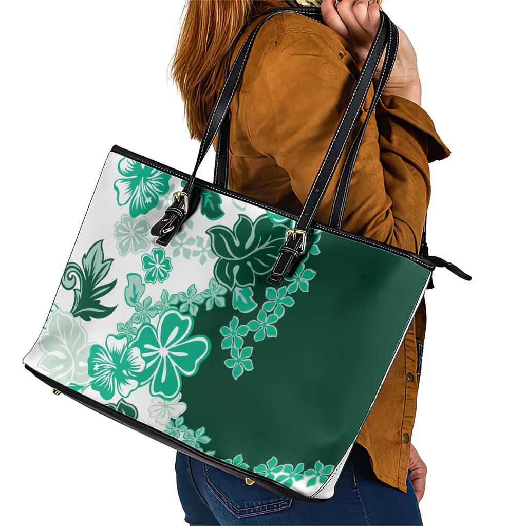 Green Hibiscus Plumeria Floral Leather Tote Bag LT01 - Polynesian Pride