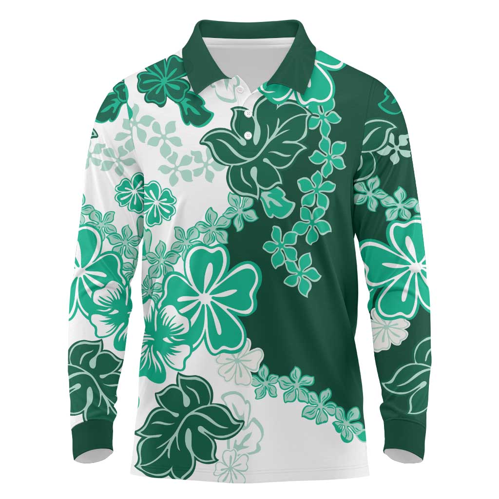 Green Hibiscus Plumeria Floral Long Sleeve Polo Shirt - Polynesian Pride