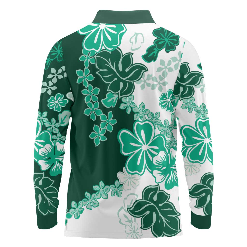 Green Hibiscus Plumeria Floral Long Sleeve Polo Shirt LT01 - Polynesian Pride