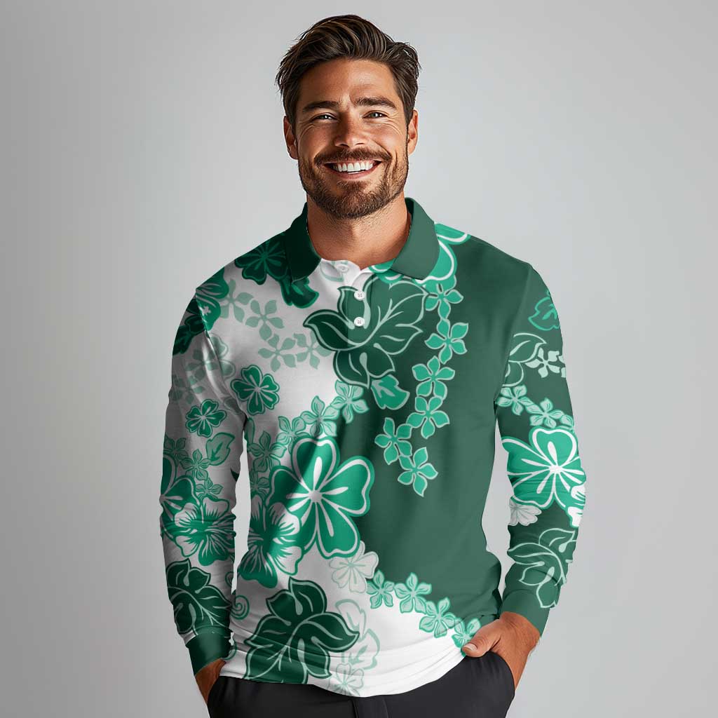 Green Hibiscus Plumeria Floral Long Sleeve Polo Shirt LT01 - Polynesian Pride