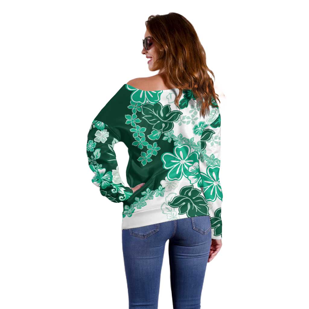 Green Hibiscus Plumeria Floral Off Shoulder Sweater - Polynesian Pride