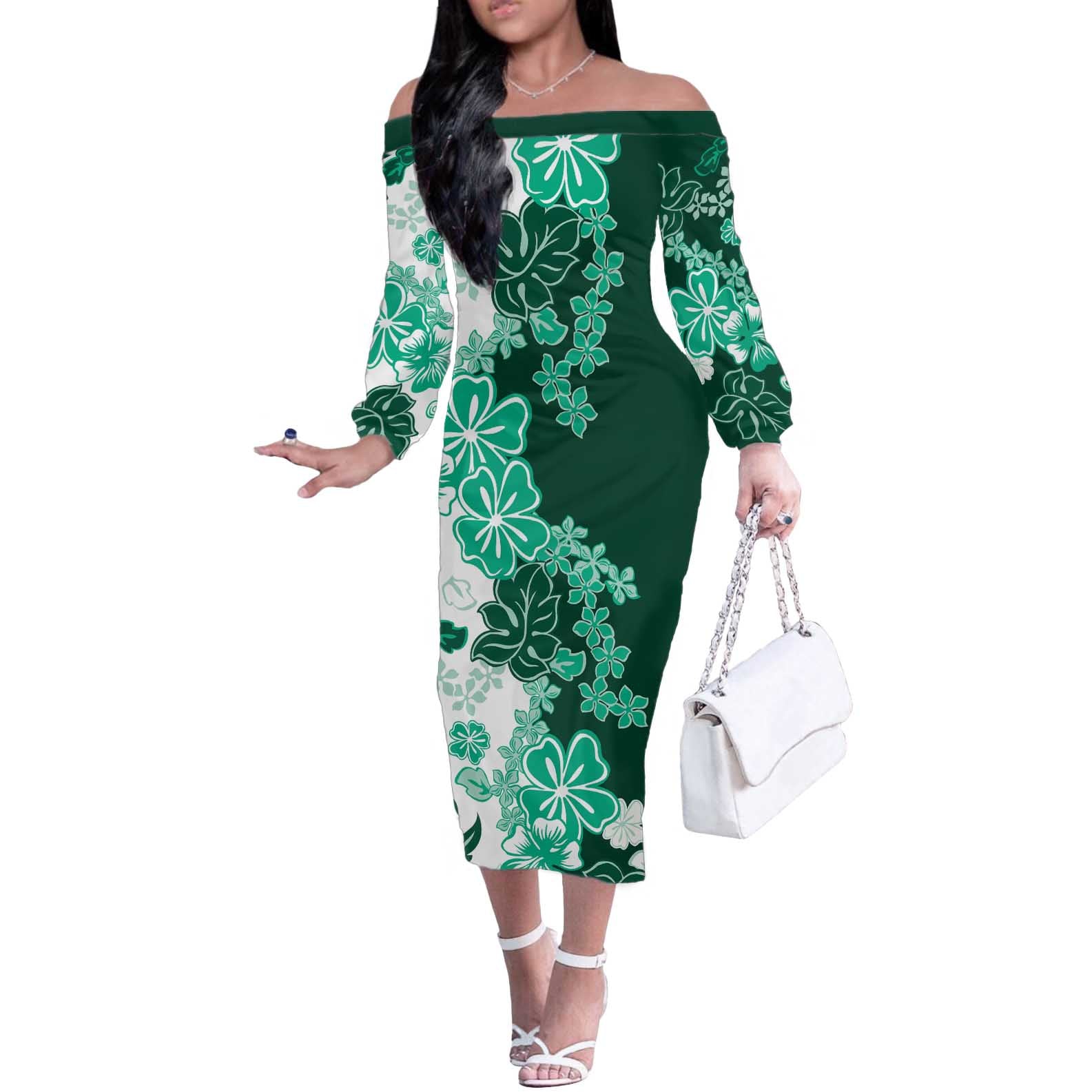 Green Hibiscus Plumeria Floral Off The Shoulder Long Sleeve Dress - Polynesian Pride