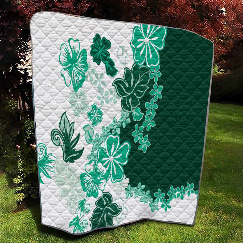 Green Hibiscus Plumeria Floral Quilt - Polynesian Pride
