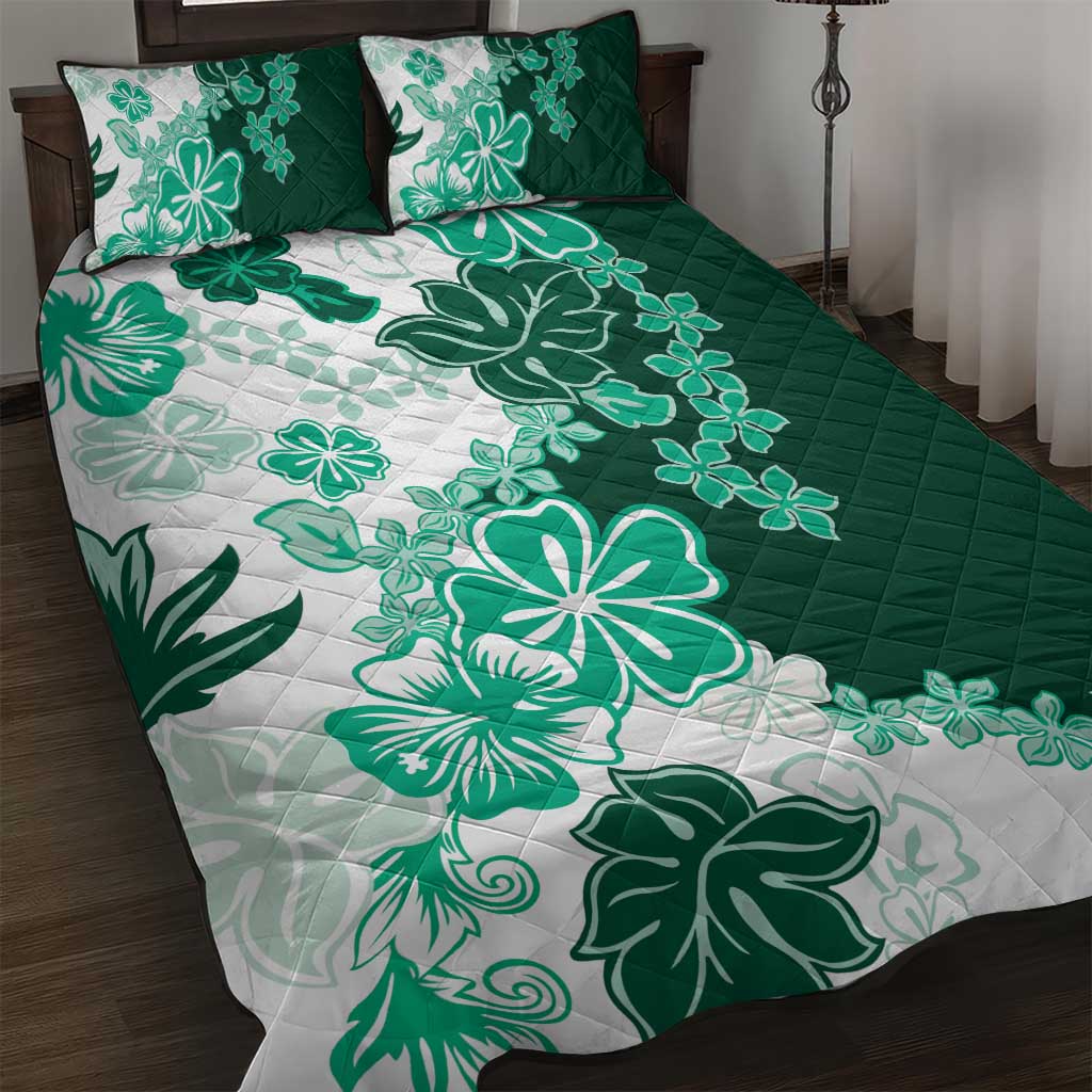 Green Hibiscus Plumeria Floral Quilt Bed Set LT01 Green - Polynesian Pride