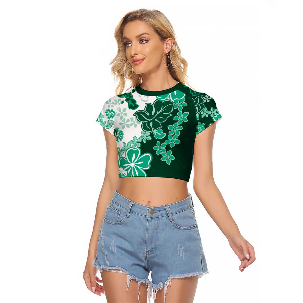Green Hibiscus Plumeria Floral Raglan Cropped T Shirt LT01 Female Green - Polynesian Pride