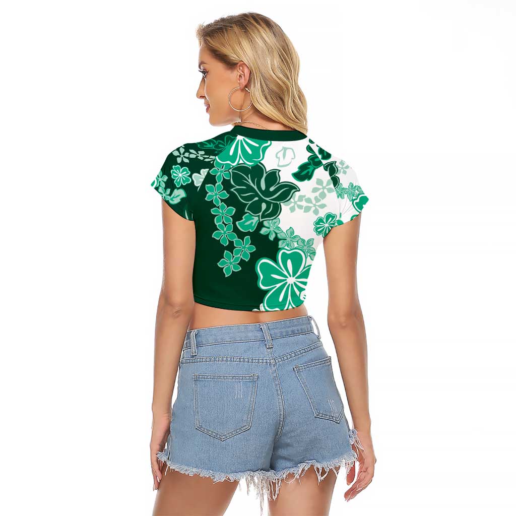 Green Hibiscus Plumeria Floral Raglan Cropped T Shirt - Polynesian Pride