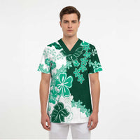 Green Hibiscus Plumeria Floral Scrub Top - Polynesian Pride