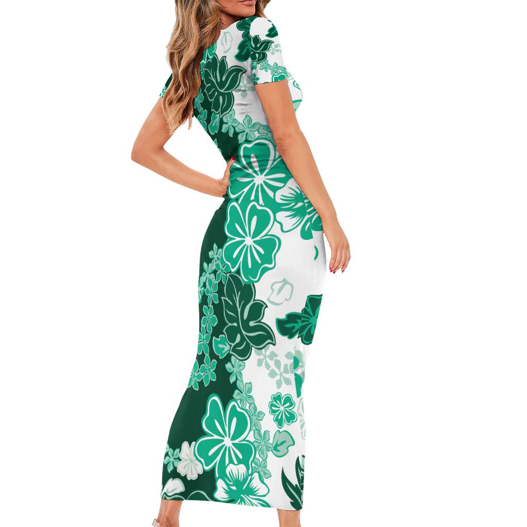 Green Hibiscus Plumeria Floral Short Sleeve Bodycon Dress - Polynesian Pride