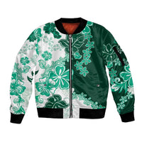 Green Hibiscus Plumeria Floral Sleeve Zip Bomber Jacket - Polynesian Pride