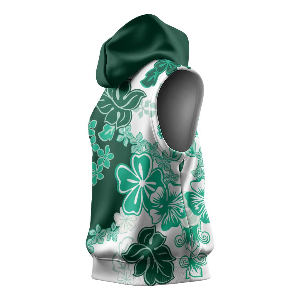 Green Hibiscus Plumeria Floral Sleeveless Hoodie - Polynesian Pride