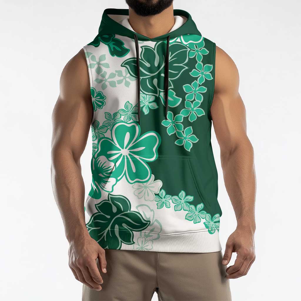 Green Hibiscus Plumeria Floral Sleeveless Hoodie - Polynesian Pride