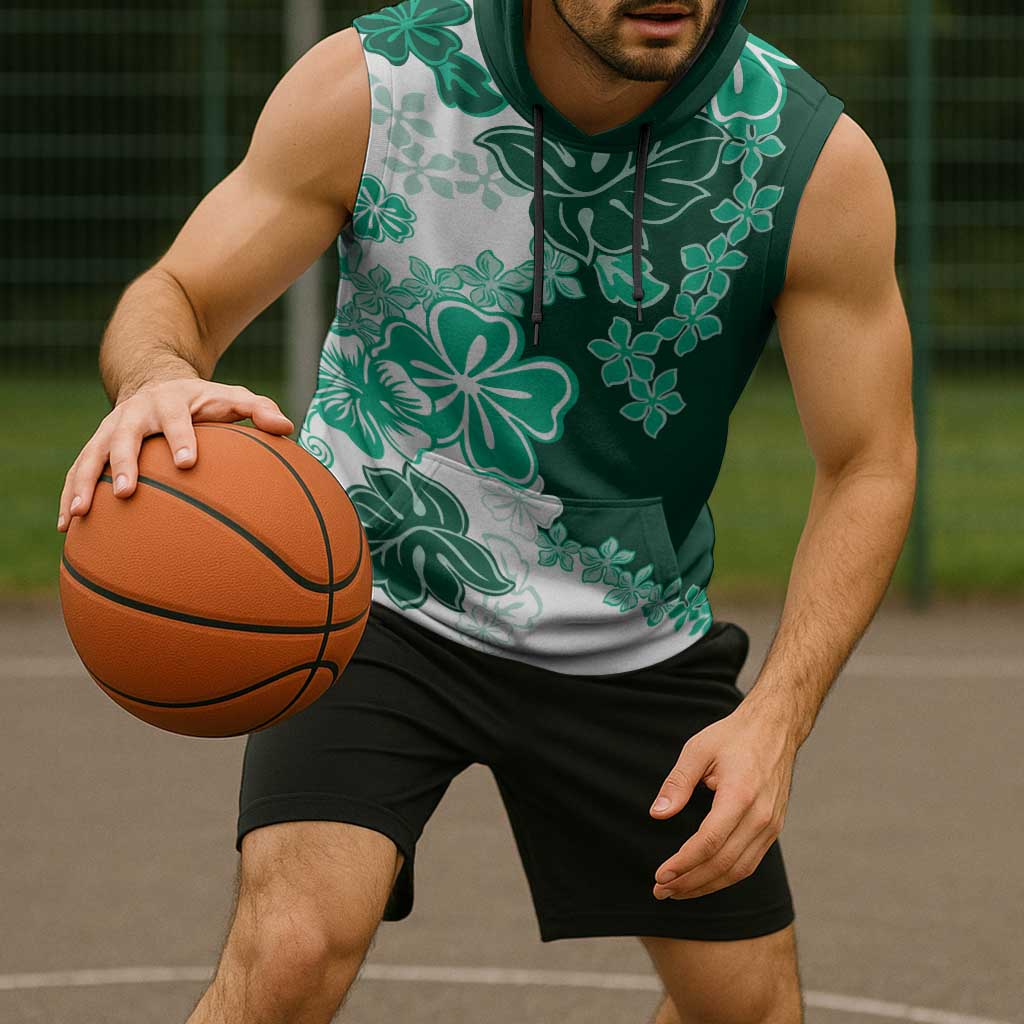 Green Hibiscus Plumeria Floral Sleeveless Hoodie - Polynesian Pride