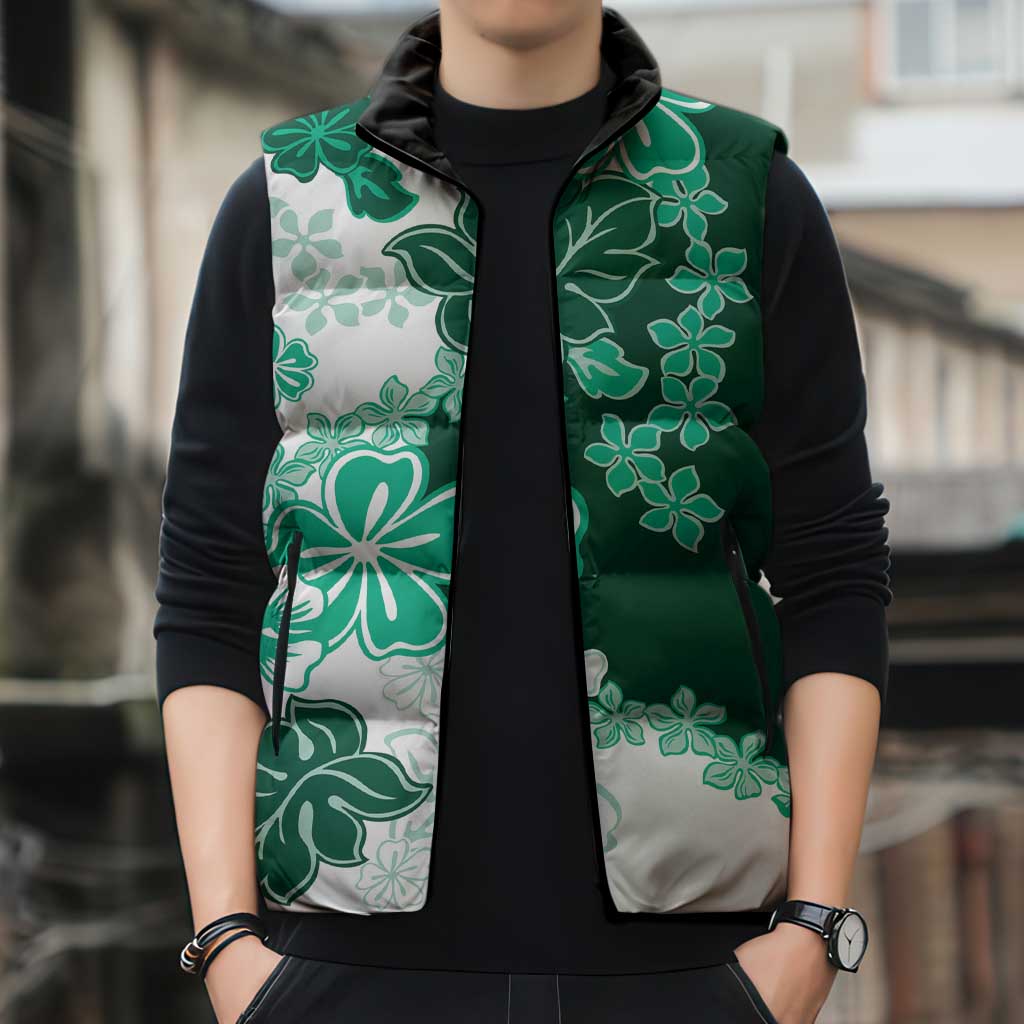 Green Hibiscus Plumeria Floral Sleeveless Puffer Jacket LT01 - Polynesian Pride