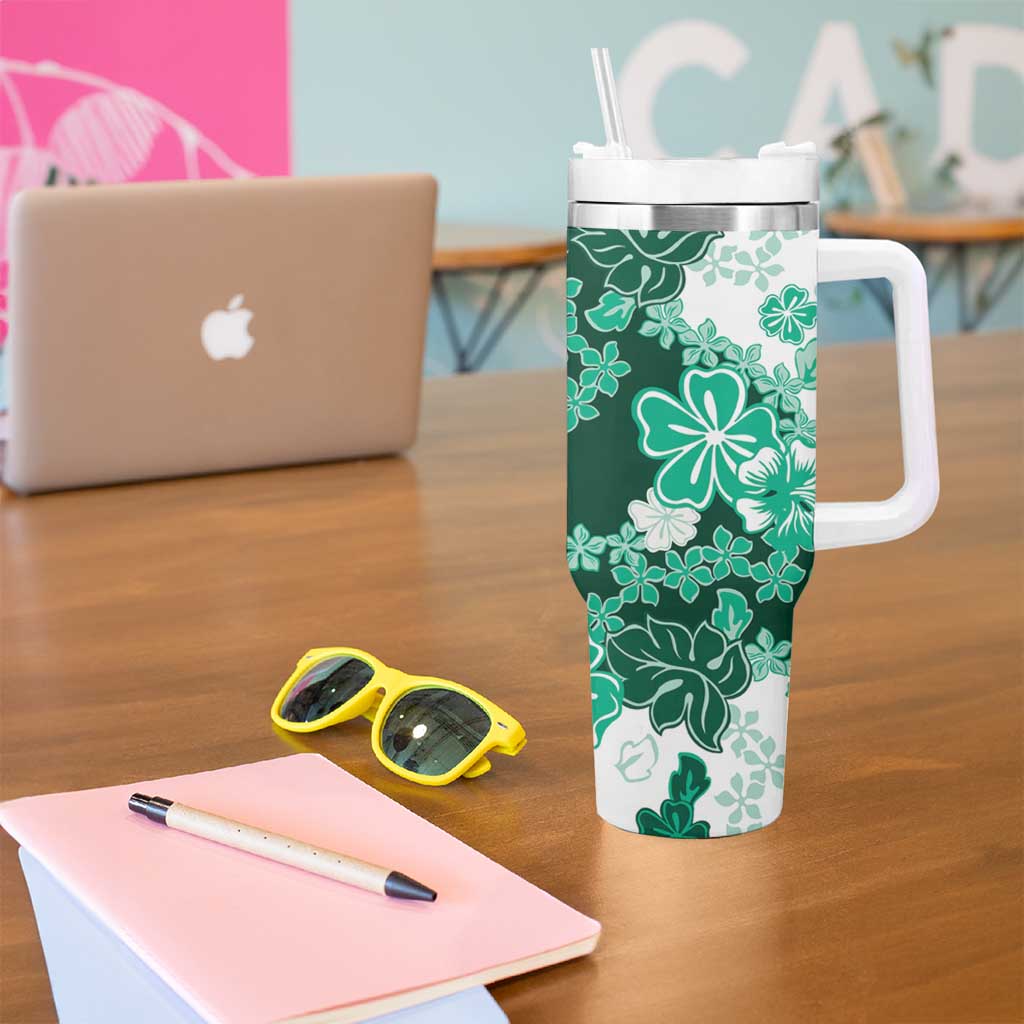 Green Hibiscus Plumeria Floral Tumbler With Handle - Polynesian Pride