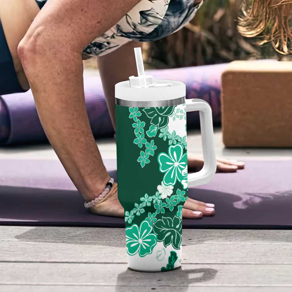 Green Hibiscus Plumeria Floral Tumbler With Handle - Polynesian Pride