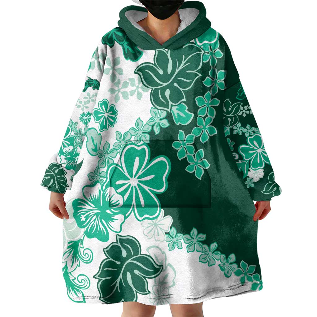 Green Hibiscus Plumeria Floral Wearable Blanket Hoodie LT01 - Polynesian Pride