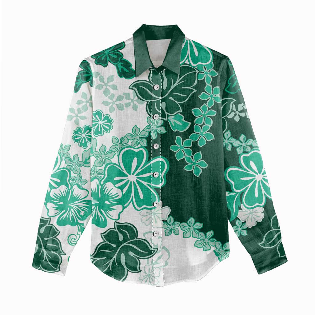 Green Hibiscus Plumeria Floral Women Casual Shirt - Polynesian Pride