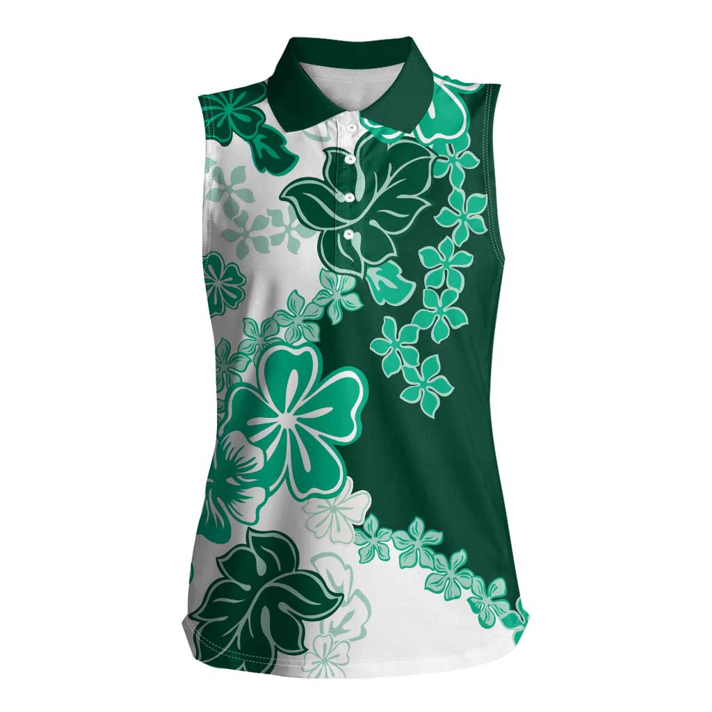 Green Hibiscus Plumeria Floral Women Sleeveless Polo Shirt - Polynesian Pride