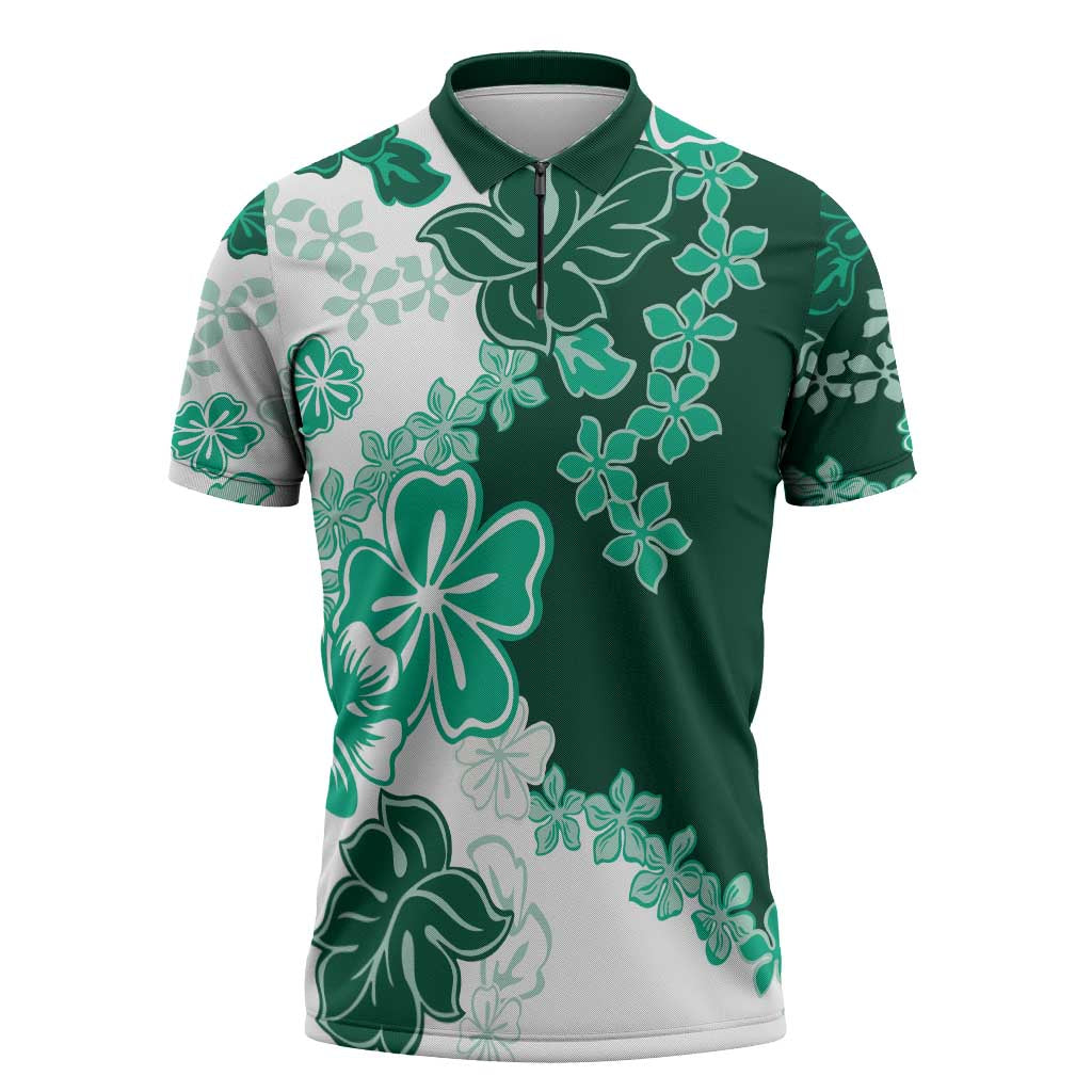 Green Hibiscus Plumeria Floral Zipper Polo Shirt - Polynesian Pride