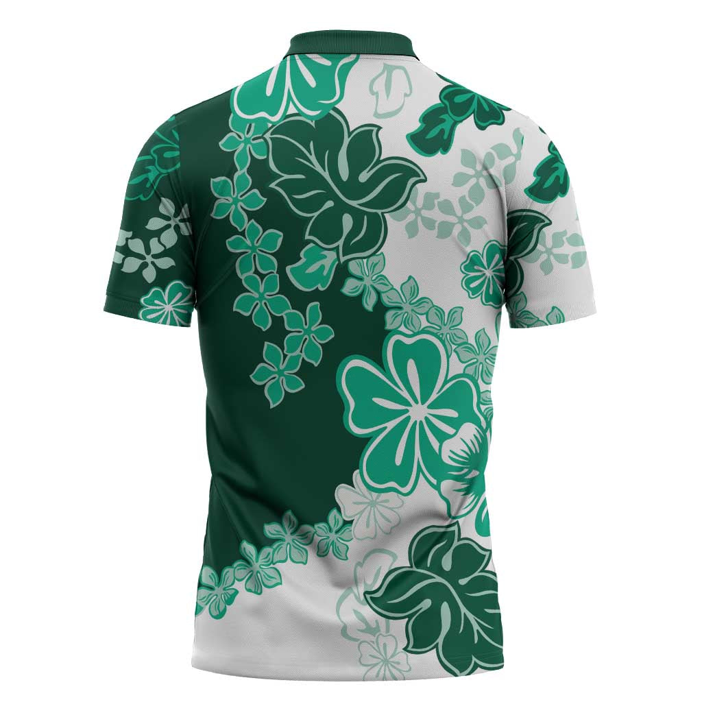 Green Hibiscus Plumeria Floral Zipper Polo Shirt - Polynesian Pride