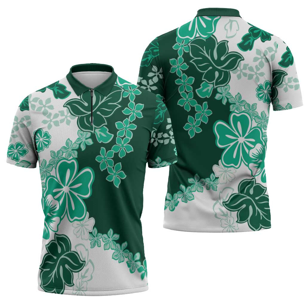 Green Hibiscus Plumeria Floral Zipper Polo Shirt - Polynesian Pride