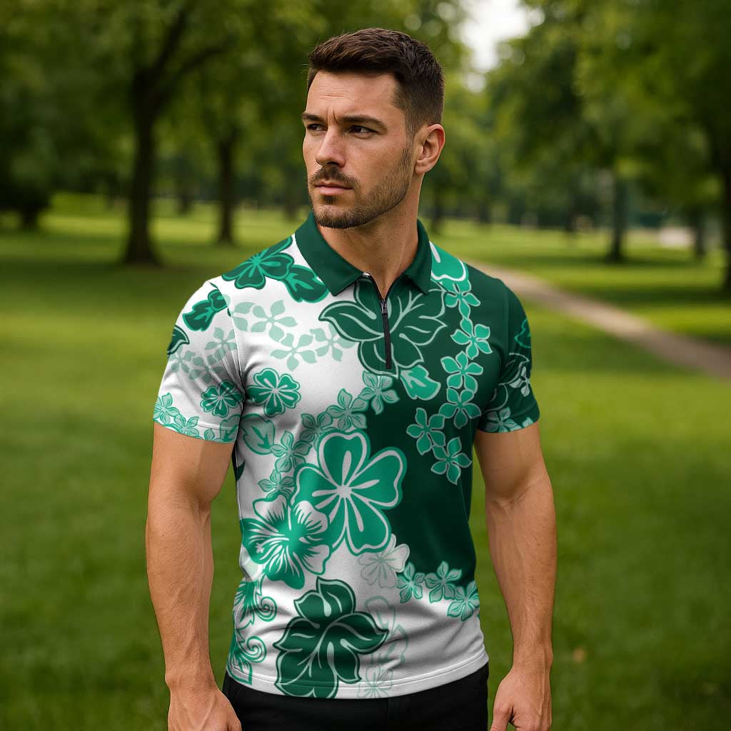 Green Hibiscus Plumeria Floral Zipper Polo Shirt - Polynesian Pride