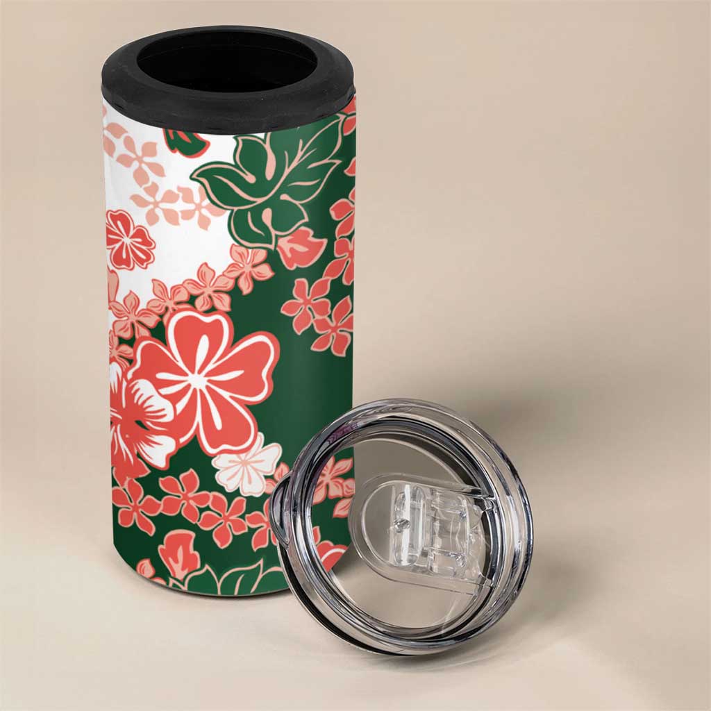 Green Orange Hibiscus Plumeria Floral 4 in 1 Can Cooler Tumbler - Polynesian Pride