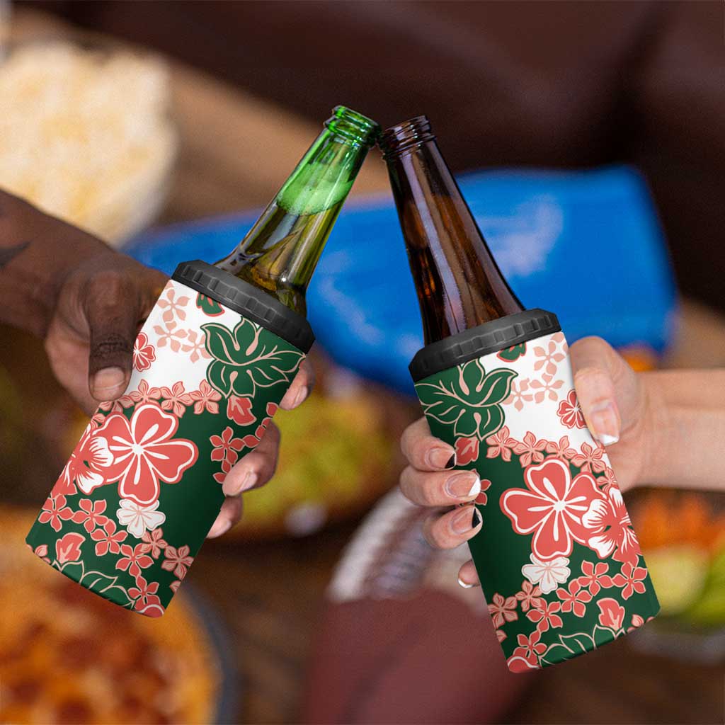 Green Orange Hibiscus Plumeria Floral 4 in 1 Can Cooler Tumbler - Polynesian Pride