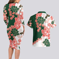 Green Orange Hibiscus Plumeria Floral Couples Matching Long Sleeve Bodycon Dress and Hawaiian Shirt - Polynesian Pride