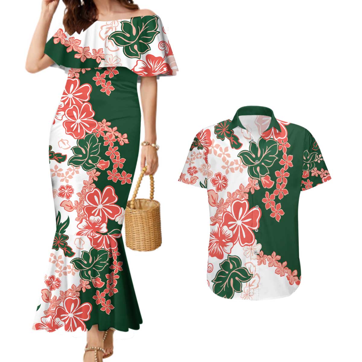 Green Orange Hibiscus Plumeria Floral Couples Matching Mermaid Dress and Hawaiian Shirt - Polynesian Pride