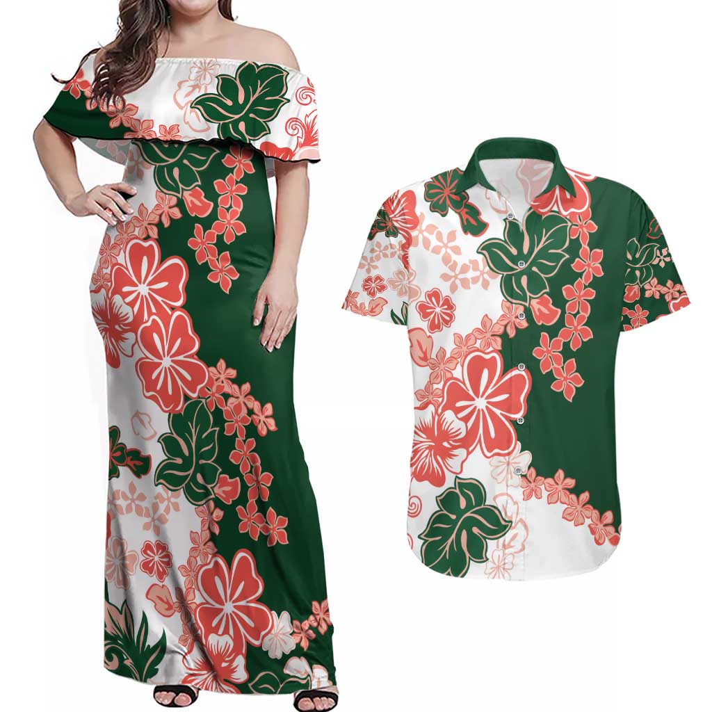 Green Orange Hibiscus Plumeria Floral Couples Matching Off Shoulder Maxi Dress and Hawaiian Shirt - Polynesian Pride