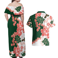 Green Orange Hibiscus Plumeria Floral Couples Matching Off Shoulder Maxi Dress and Hawaiian Shirt - Polynesian Pride