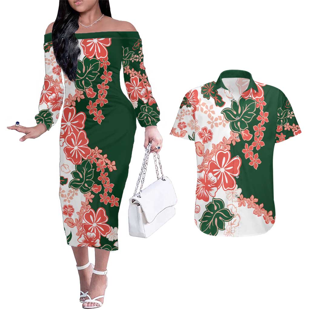 Green Orange Hibiscus Plumeria Floral Couples Matching Off The Shoulder Long Sleeve Dress and Hawaiian Shirt - Polynesian Pride