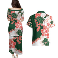 Green Orange Hibiscus Plumeria Floral Couples Matching Puletasi and Hawaiian Shirt - Polynesian Pride
