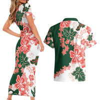 Green Orange Hibiscus Plumeria Floral Couples Matching Short Sleeve Bodycon Dress and Hawaiian Shirt - Polynesian Pride