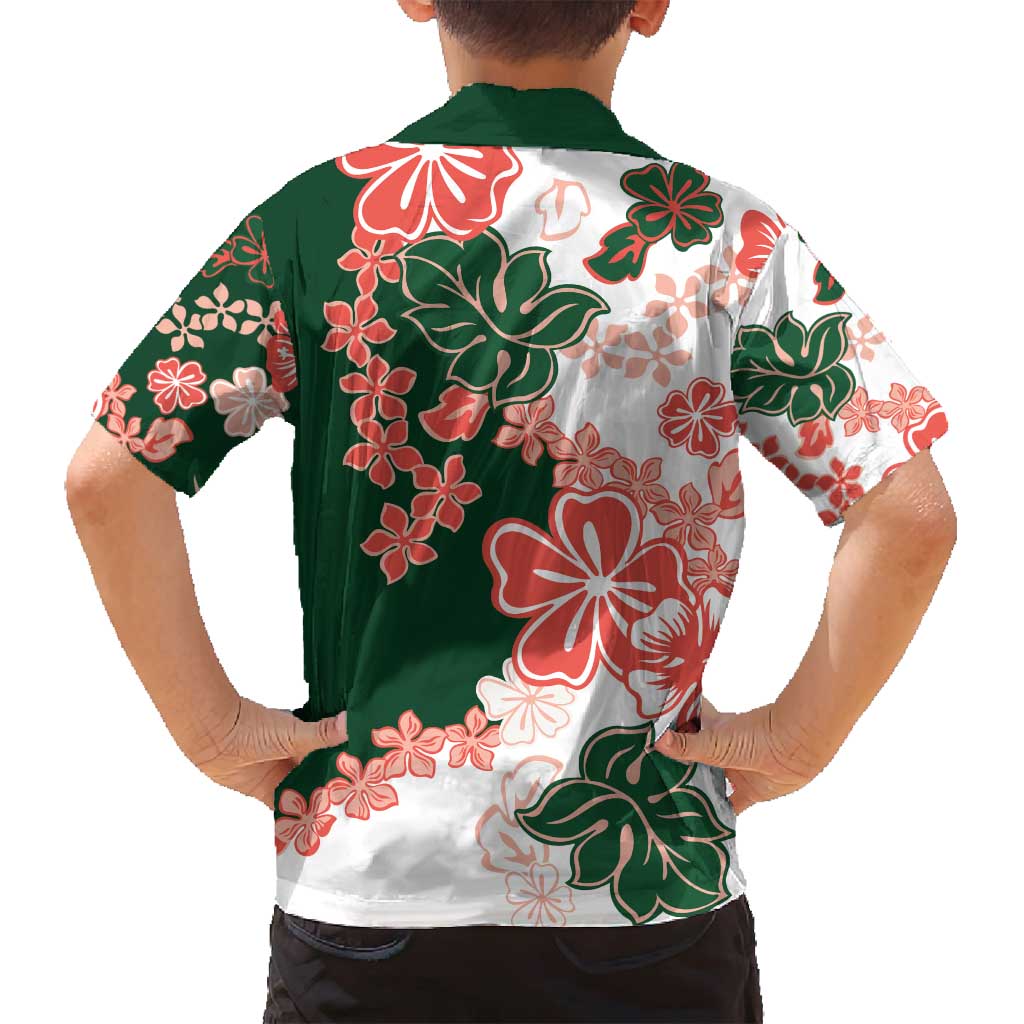 Green Orange Hibiscus Plumeria Floral Family Matching Long Sleeve Bodycon Dress and Hawaiian Shirt - Polynesian Pride