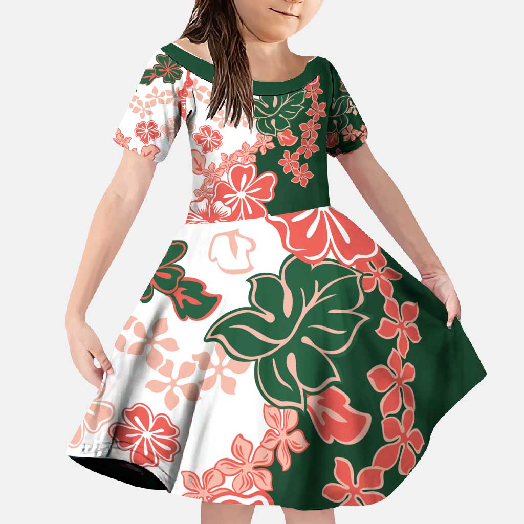 Green Orange Hibiscus Plumeria Floral Family Matching Long Sleeve Bodycon Dress and Hawaiian Shirt - Polynesian Pride