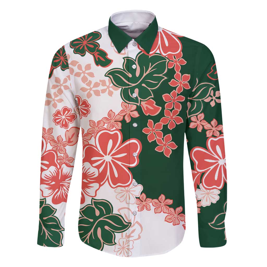Green Orange Hibiscus Plumeria Floral Family Matching Long Sleeve Bodycon Dress and Hawaiian Shirt - Polynesian Pride