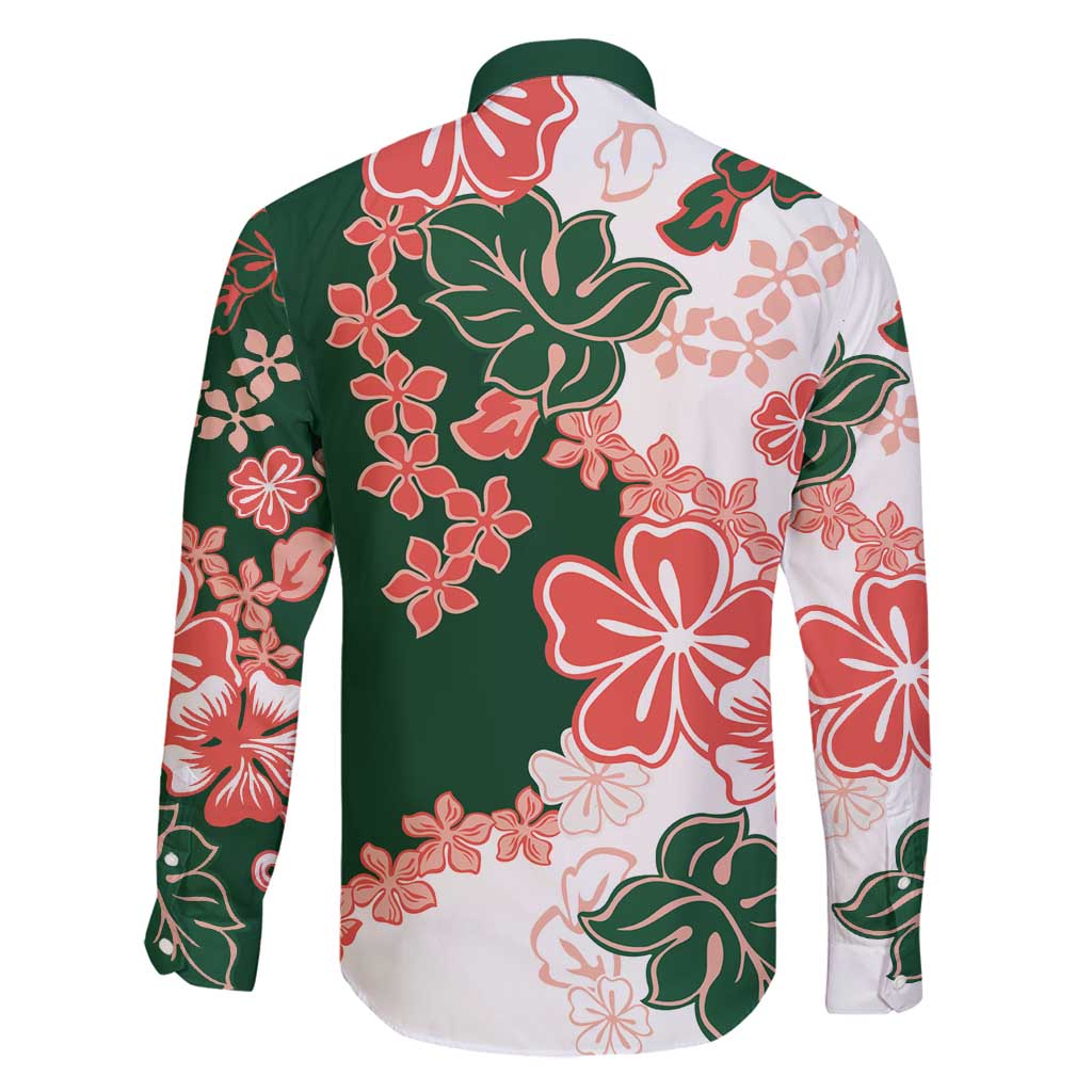 Green Orange Hibiscus Plumeria Floral Family Matching Long Sleeve Bodycon Dress and Hawaiian Shirt - Polynesian Pride