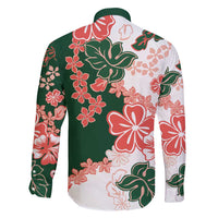 Green Orange Hibiscus Plumeria Floral Family Matching Long Sleeve Bodycon Dress and Hawaiian Shirt - Polynesian Pride