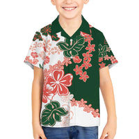 Green Orange Hibiscus Plumeria Floral Family Matching Long Sleeve Bodycon Dress and Hawaiian Shirt - Polynesian Pride