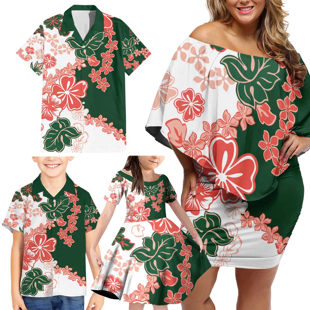 Green Orange Hibiscus Plumeria Floral Family Matching Off Shoulder Short Dress and Hawaiian Shirt - Polynesian Pride