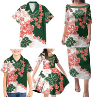 Green Orange Hibiscus Plumeria Floral Family Matching Puletasi and Hawaiian Shirt - Polynesian Pride