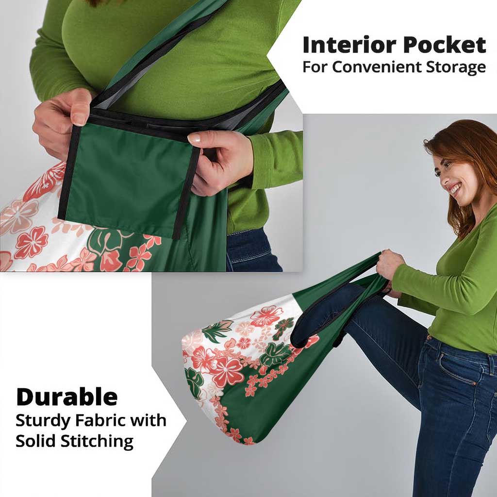 Green Orange Hibiscus Plumeria Floral Grocery Bag - Polynesian Pride