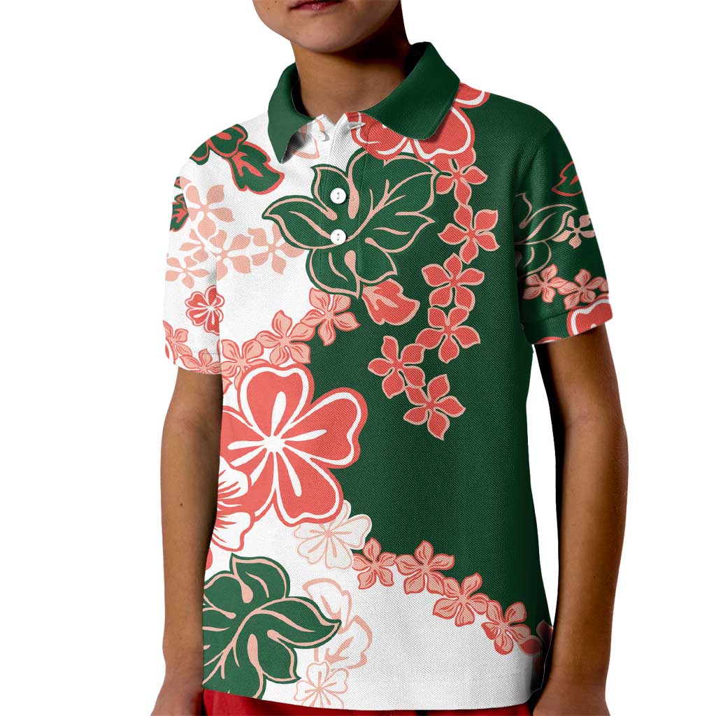 Green Orange Hibiscus Plumeria Floral Kid Polo Shirt - Polynesian Pride